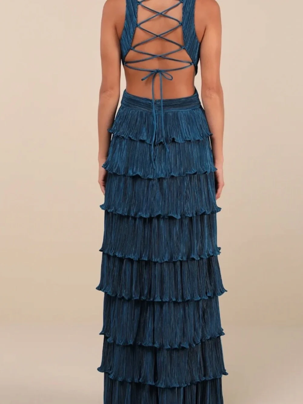 Lulus Beauty Icon Dark Teal Satin Pleated Tiered Lace-Up Maxi Dress